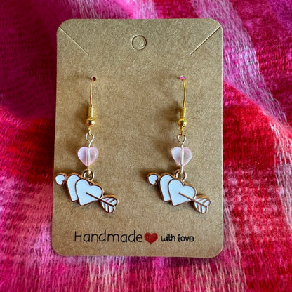White and pink Valentine’s Day Cupid Heart Sturdy Gold Dangle earrings| Nickel Free