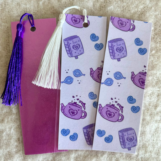Purple valentines love potion bookmark| teapot birds and love journal| laminated handmade bookmark