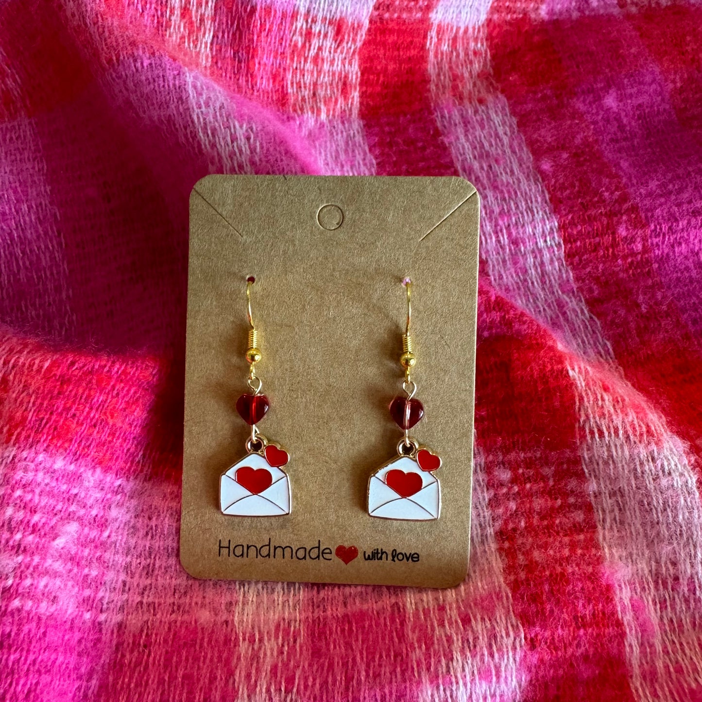 Valentines Day mail gold white red envelope dangle earrings| nickel free