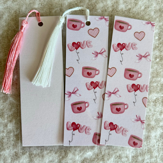 Valentines Coffee Tea Love| Pink, white and red bow and balloon bookmark| tassel or no tassel| handmade